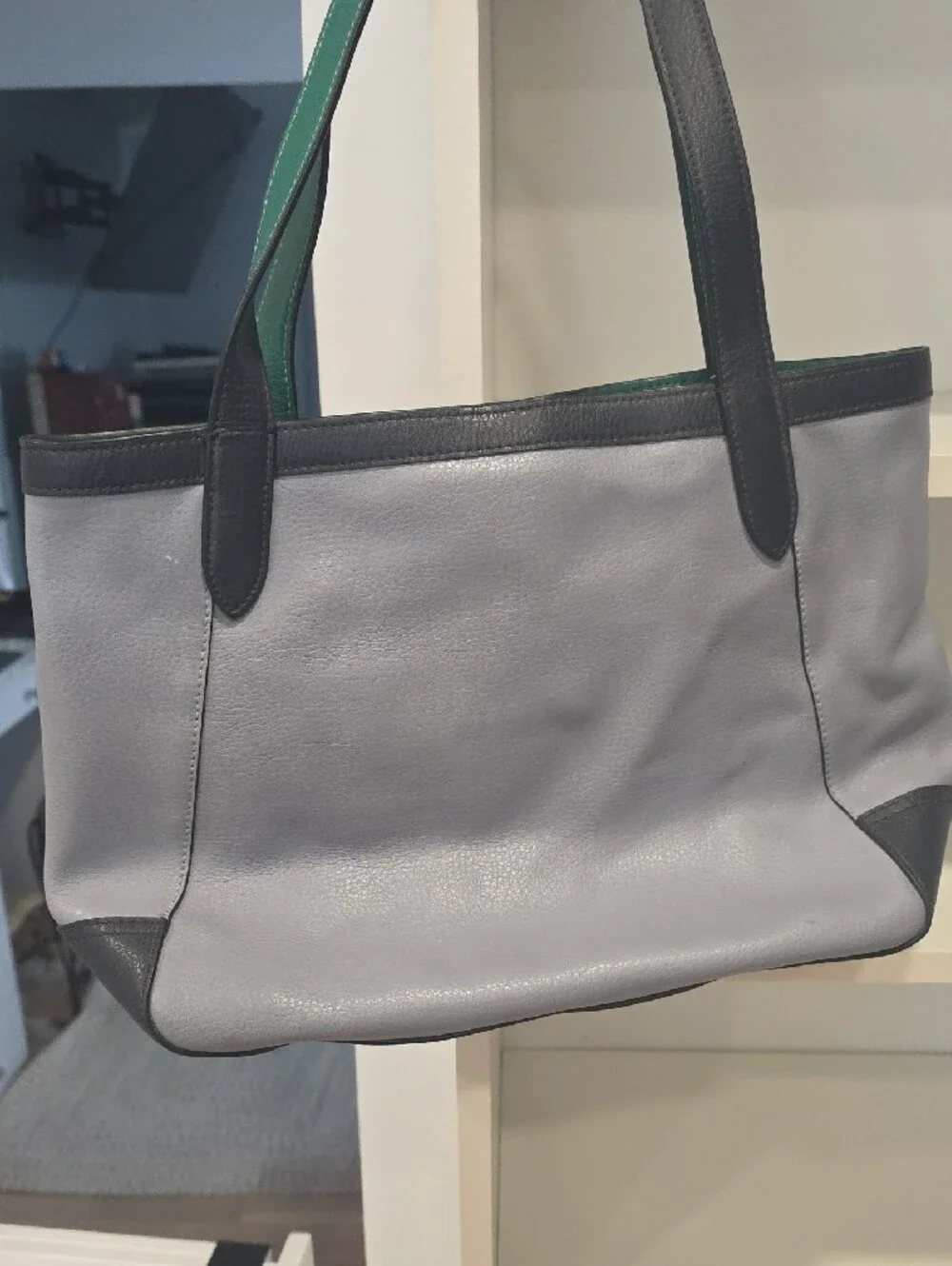 Coach Blue-Gray Leather Tote with Green Trim With Duster